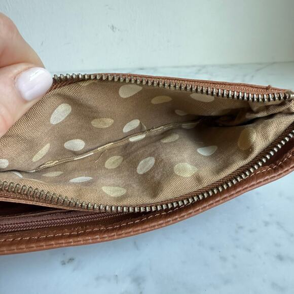 Fossil Genuine Leather Wallet Clutch Buckle Detail Tan Brown Polka Dot Lining - Picture 8 of 14